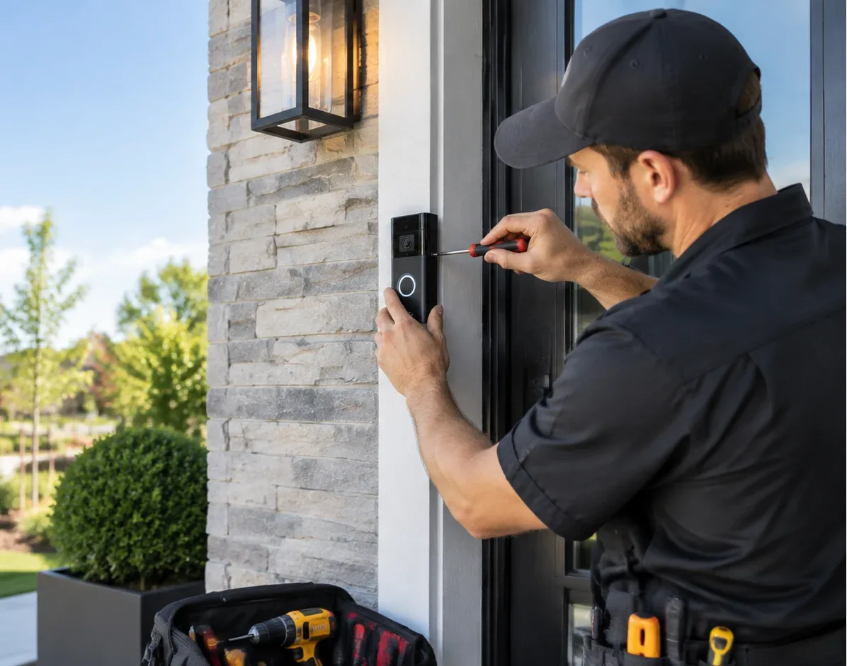 Electrician installing smart doorbell camera at home entrance in Welland