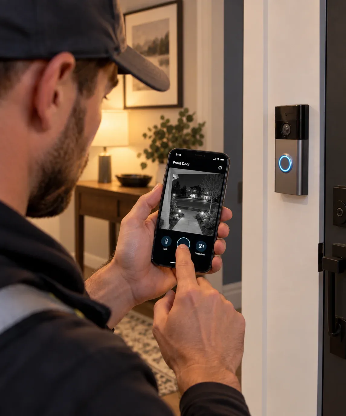 Smart doorbell camera installed at a modern home entrance